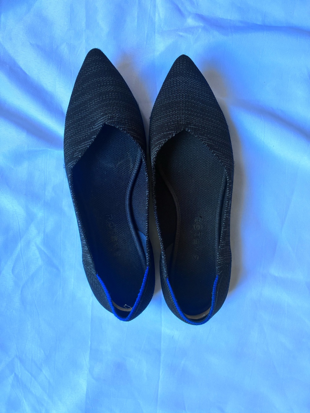 Rothy's Black Pointed Slip-On Flats with Blue Heel Trim